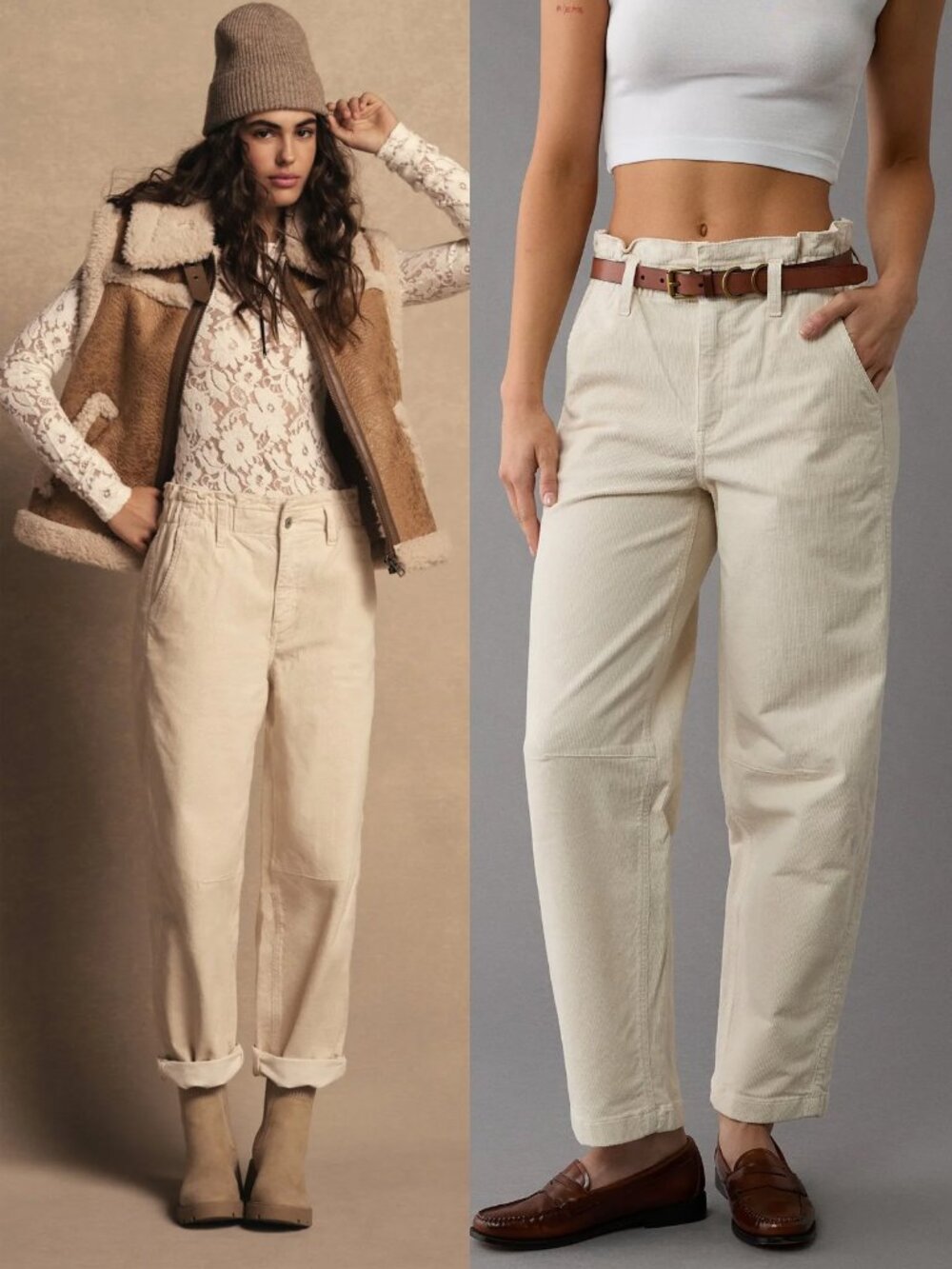 NEW American Eagle Cream Corduroy Paperbag Barrel Pants 6 Wide Super High Rise